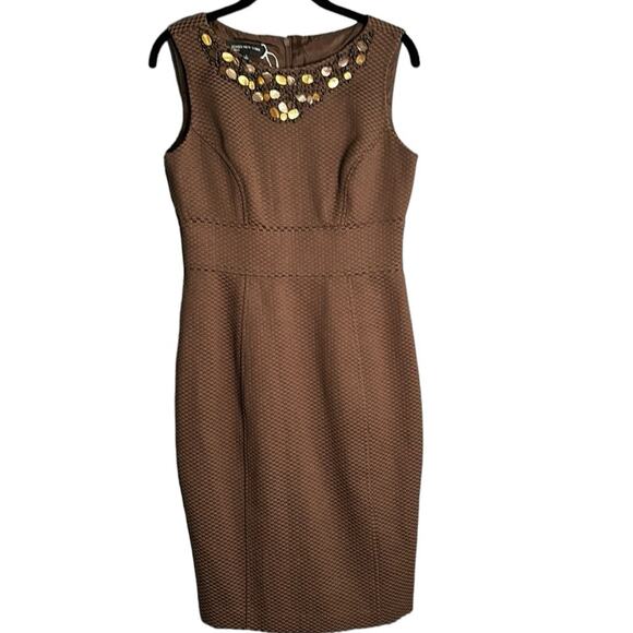 Jones NY Brown Textured Sleeveless Dress With Jeweled Neckline Size 4 - Picture 1 of 9